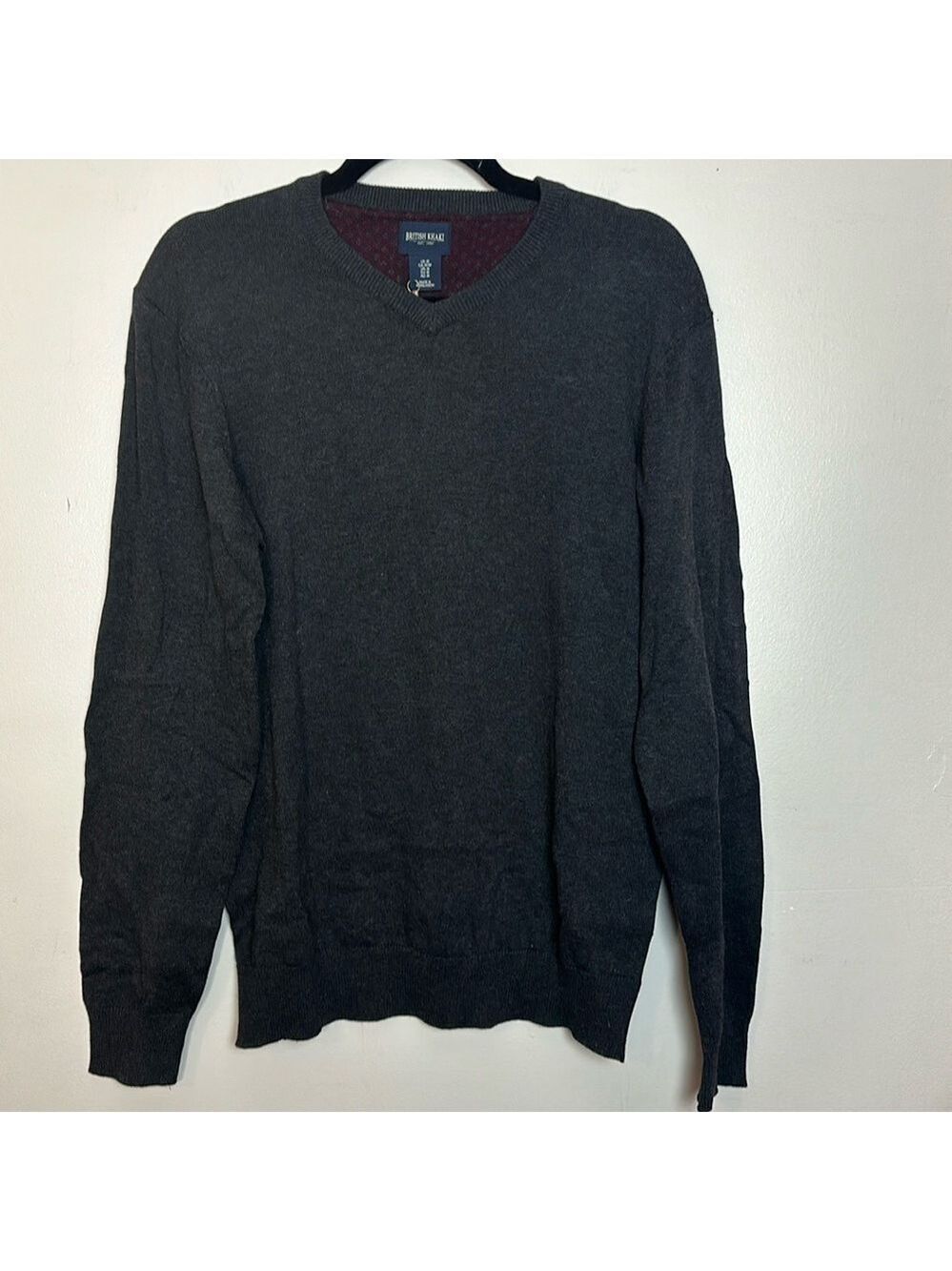 British Khaki Fine Knit Cotton V-Neck Lightweight Sweater in Charcoal Grey